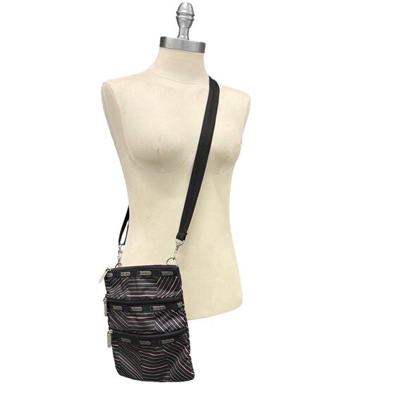 LeSportsac Black Striped Crossbody Travel‎ Bag Multicolor 3 Zipper Adjustable - Picture 3 of 16